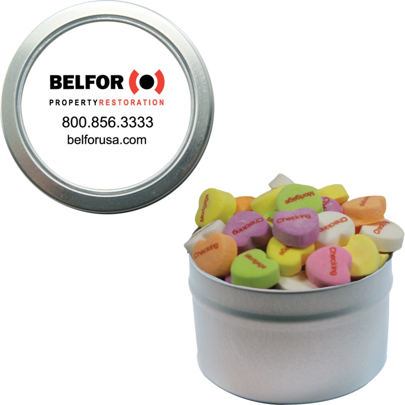 Silver Candy Window Tin with Conversation Hearts